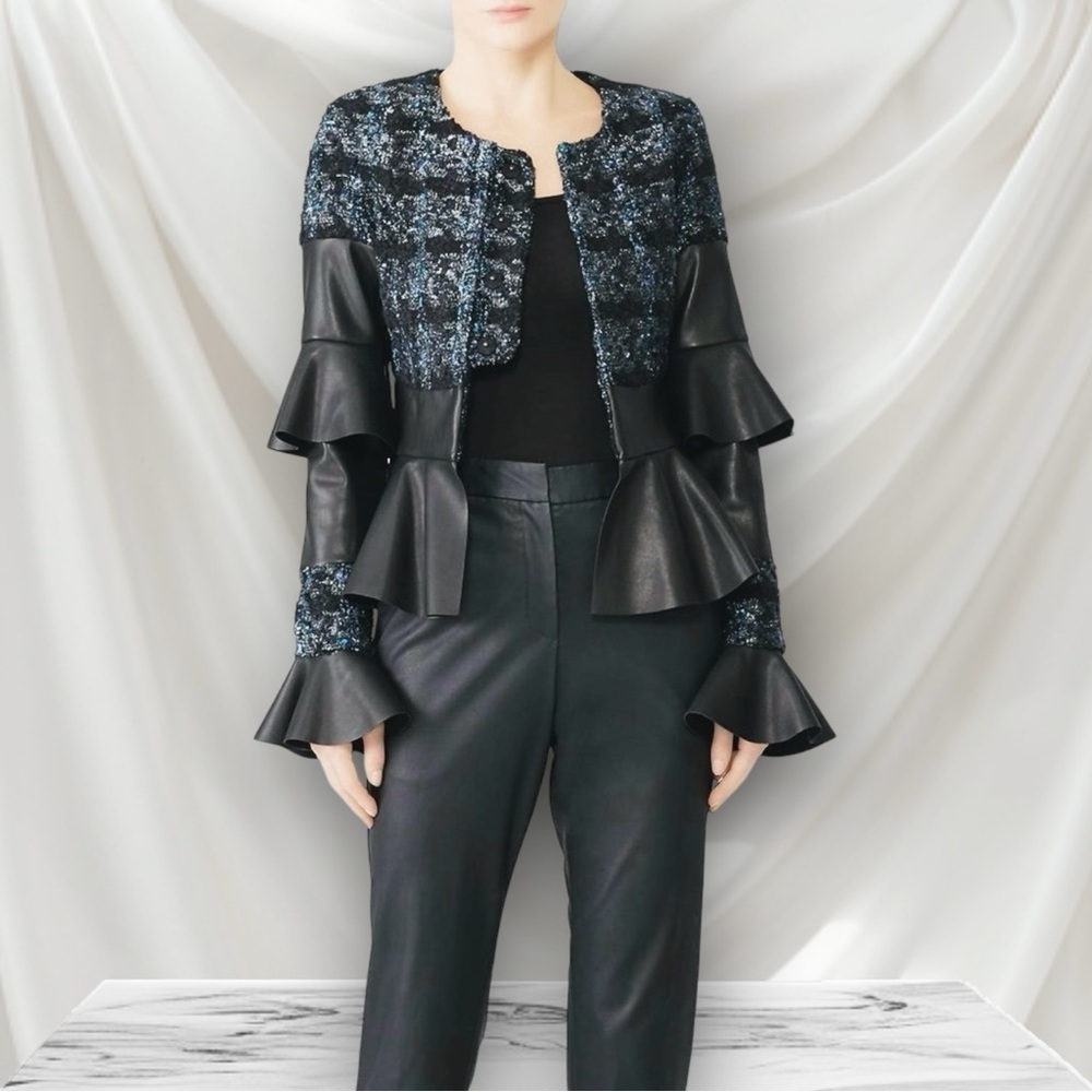 NWOT Deborah Lyons ‘Ohio’ Black Vegan Leather & Tweed Jacket Size 4